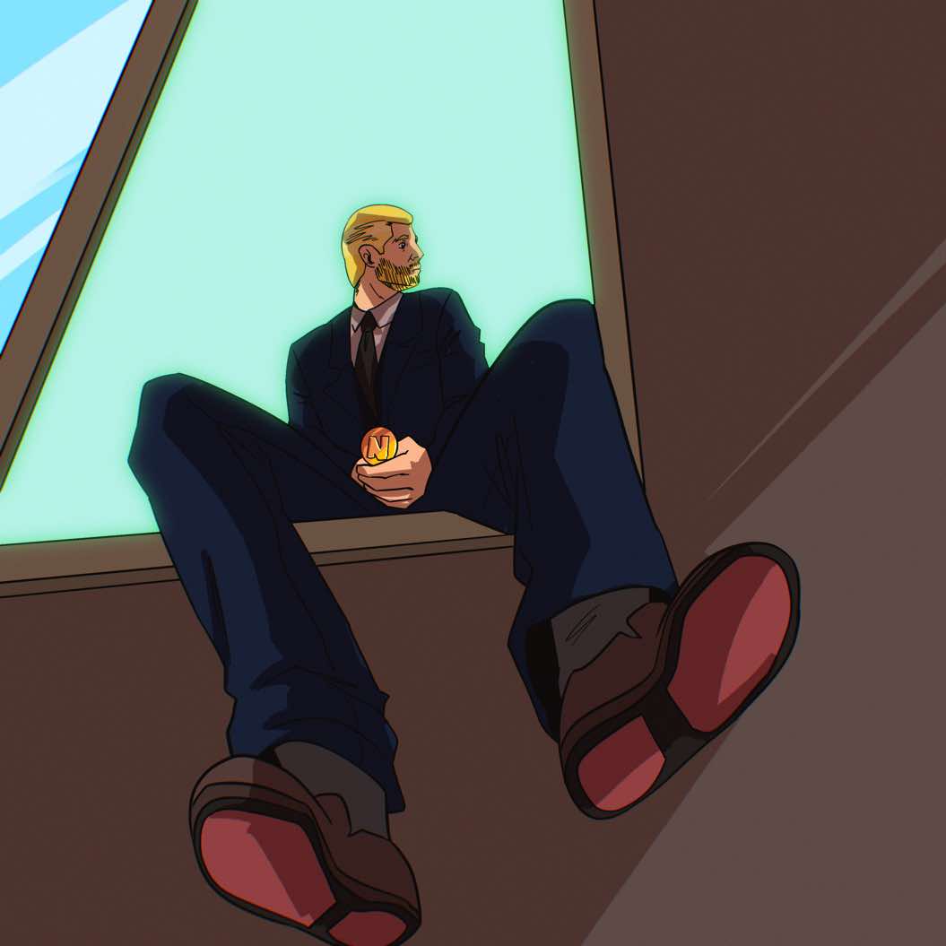 Eric by window holding N coin