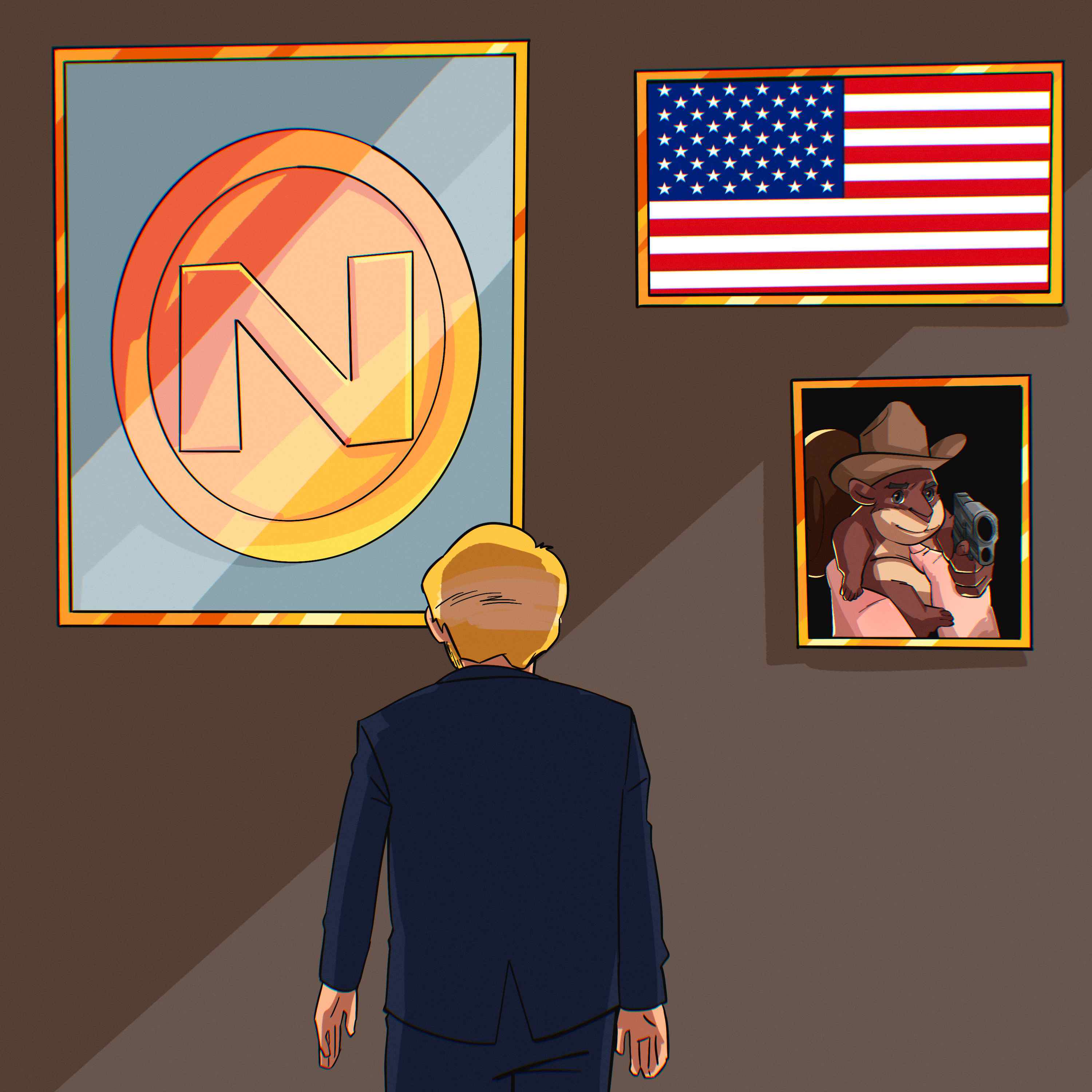 Eric looking at framed N coin art