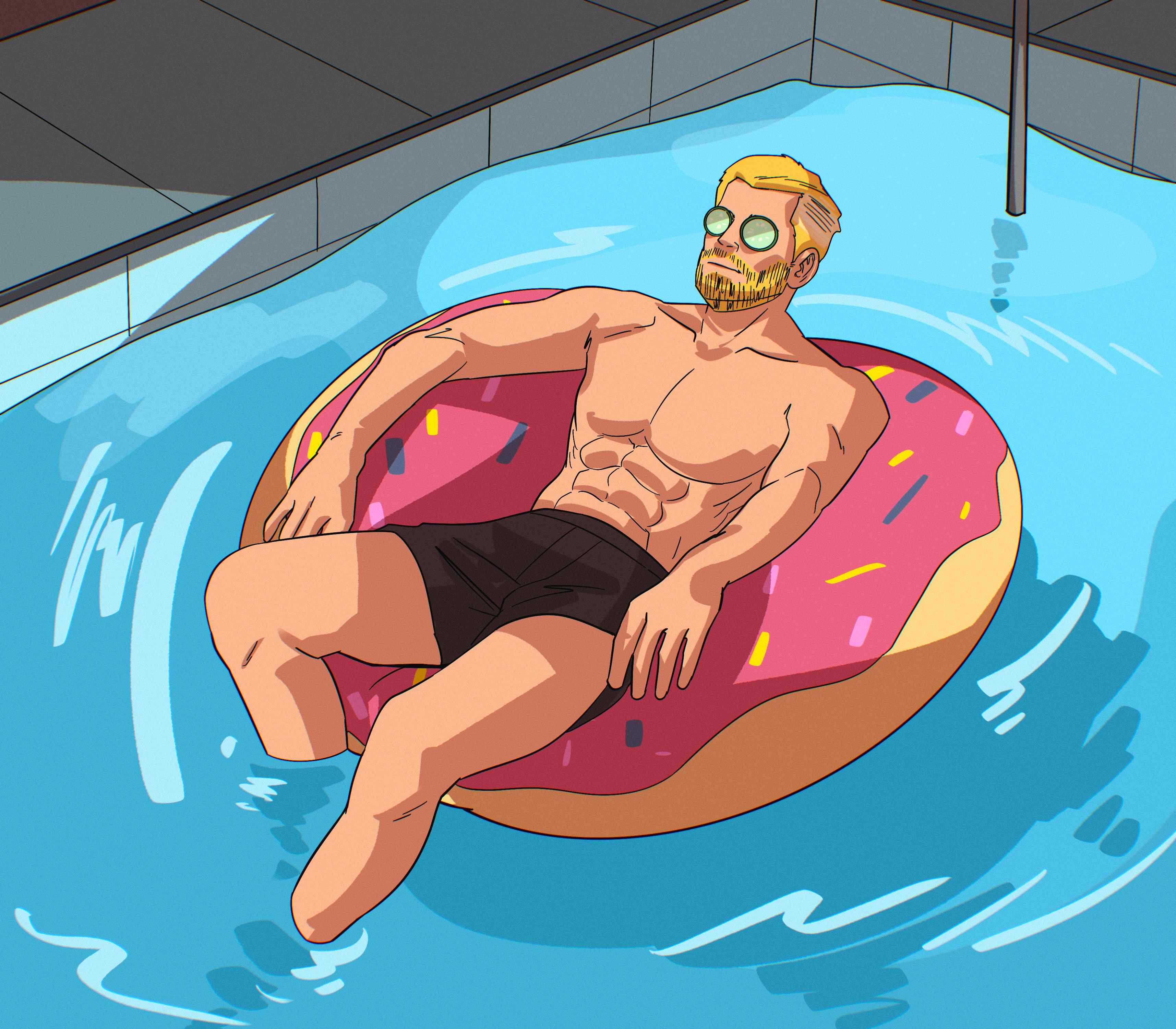 Eric relaxing in pool on donut float