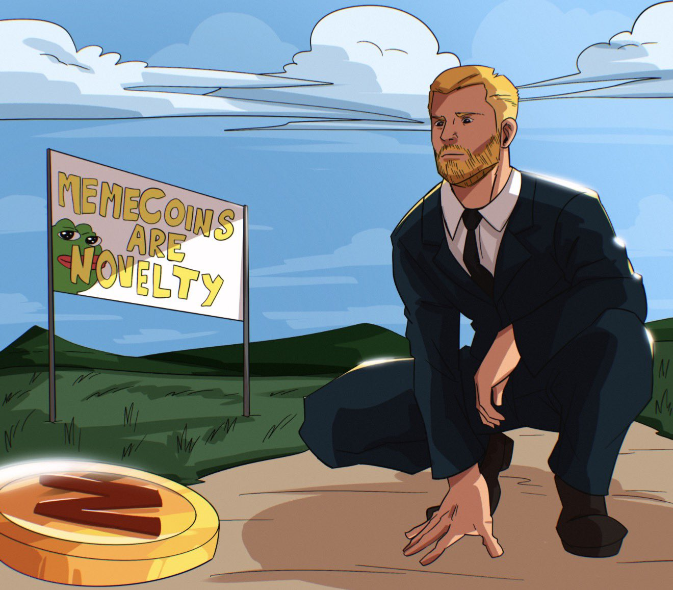 Eric with Memecoins Are Novelty sign